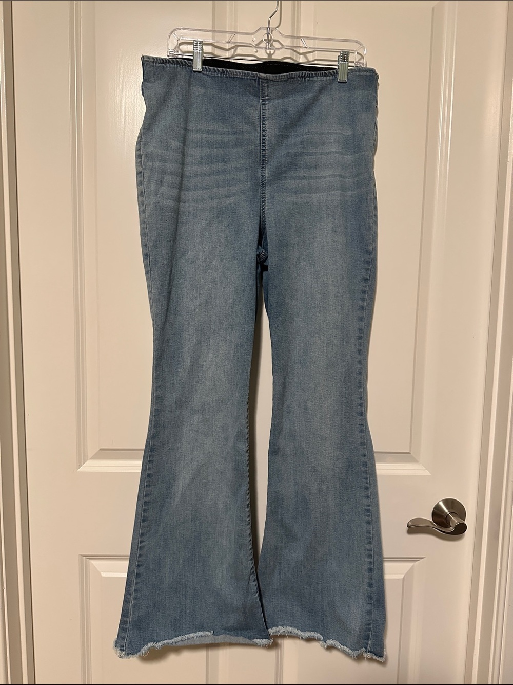 Knox Rose Mid Wash Blue Flare Jeans 14, no front pockets, elastic waist